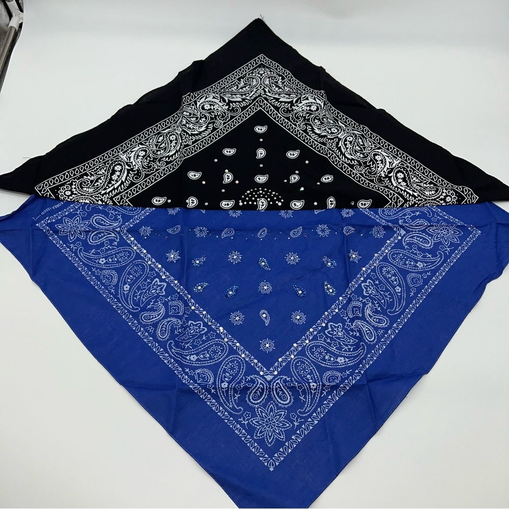 Vintage Lot of 2-Blue and Black Bandanas/Scarfs Embellished w/Rhinestone